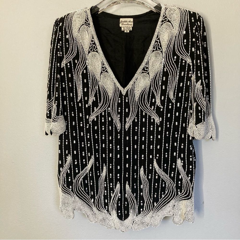 Judith Ann Creations Blouse Medium Beaded Sequin Silk Black White VTG Disco Glam